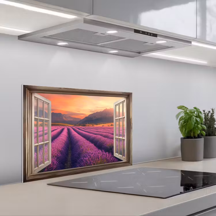 Doorkijk - Lavendel - Landschap - Bloemen - Paars keuken achterwand spatscherm klein -3d_schuin
