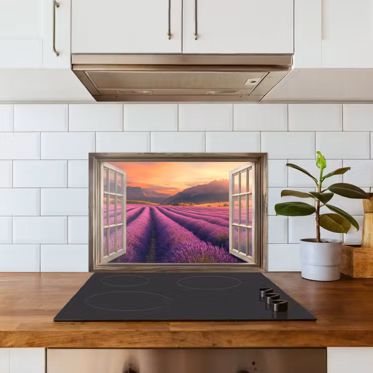 Doorkijk - Lavendel - Landschap - Bloemen - Paars keuken achterwand spatscherm klein -sfeer2