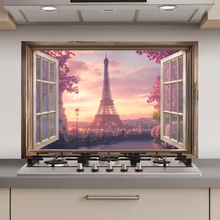 Doorkijk - Parijs - Eiffeltoren - Roze - Kersenbloesem keuken achterwand spatscherm klein -3d_website