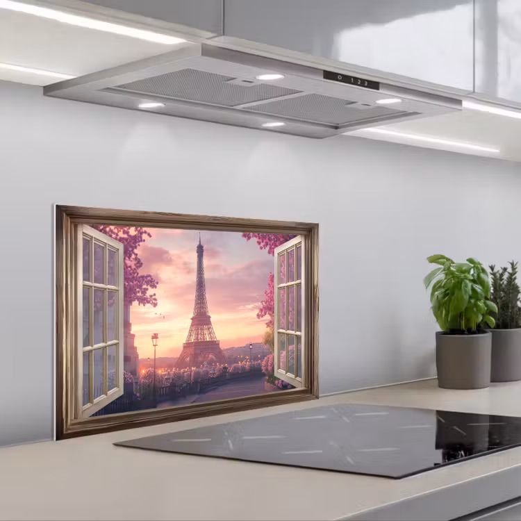 Doorkijk - Parijs - Eiffeltoren - Roze - Kersenbloesem keuken achterwand spatscherm klein -3d_schuin