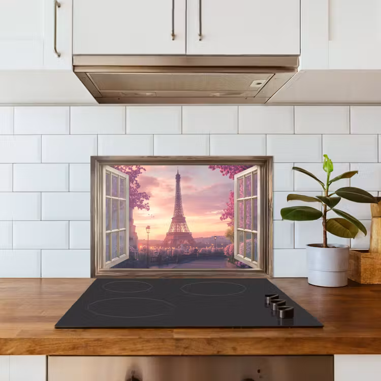 Doorkijk - Parijs - Eiffeltoren - Roze - Kersenbloesem keuken achterwand spatscherm klein -sfeer2