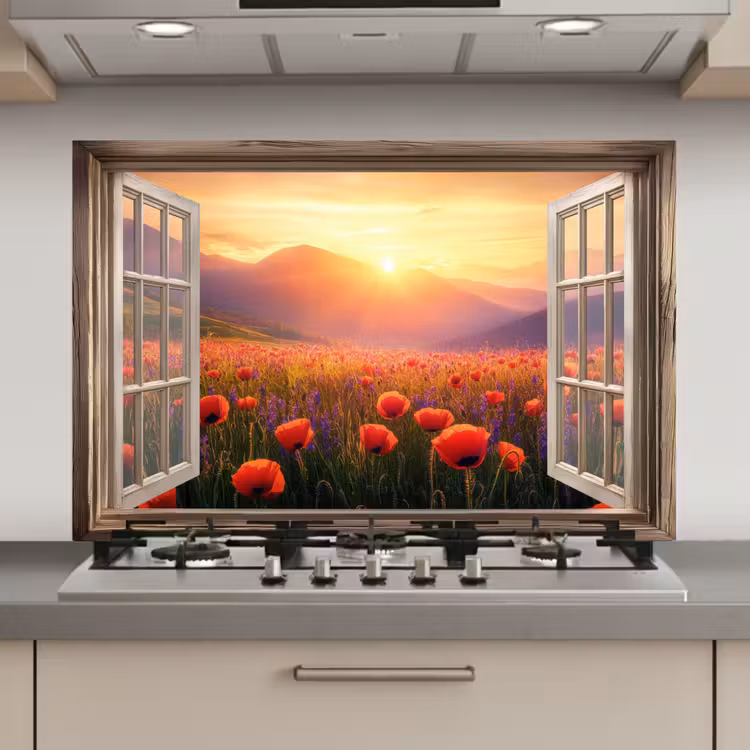 Doorkijk - Klaprozen - Bloemen - Rood - Open raam keuken achterwand spatscherm klein -3d_website