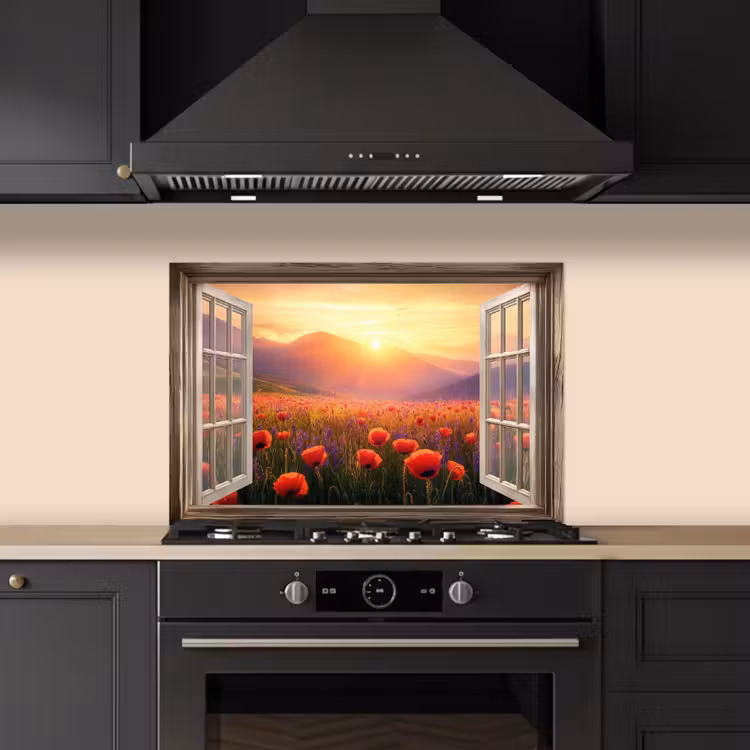 Doorkijk - Klaprozen - Bloemen - Rood - Open raam keuken achterwand spatscherm klein -sfeer1