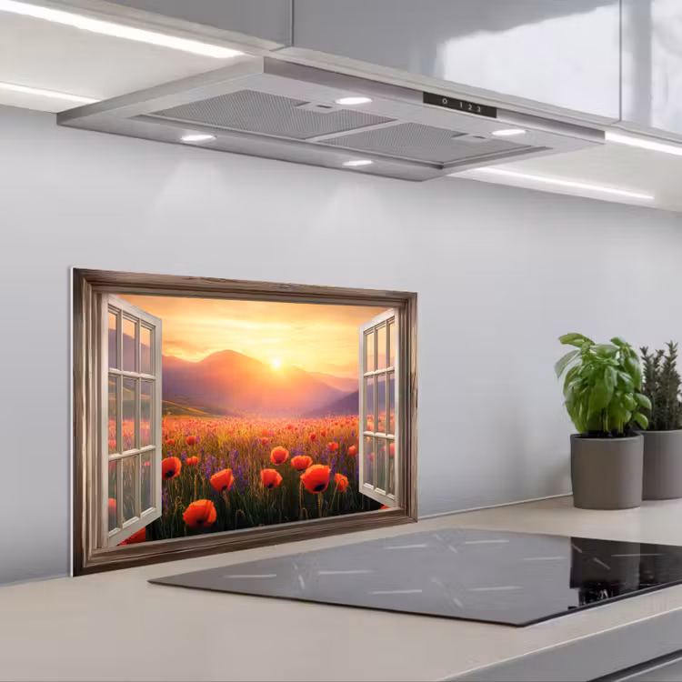 Doorkijk - Klaprozen - Bloemen - Rood - Open raam keuken achterwand spatscherm klein -3d_schuin