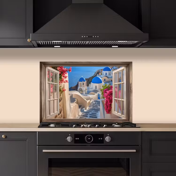 Doorkijk - Santorini - Landschap - Blauw - Grieks keuken achterwand spatscherm klein -sfeer1