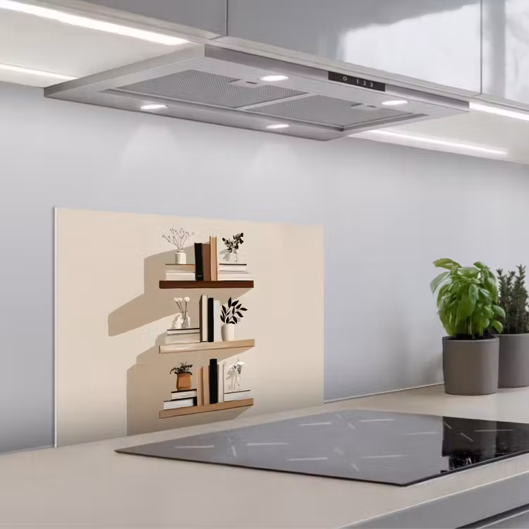 Plankjes - Boeken - Vaasjes - Planten keuken achterwand spatscherm klein -3d_schuin