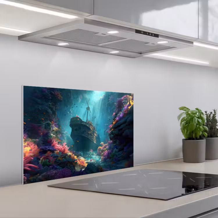 Schip - Hout - Koraalriffen - Zonlicht keuken achterwand spatscherm klein -3d_schuin