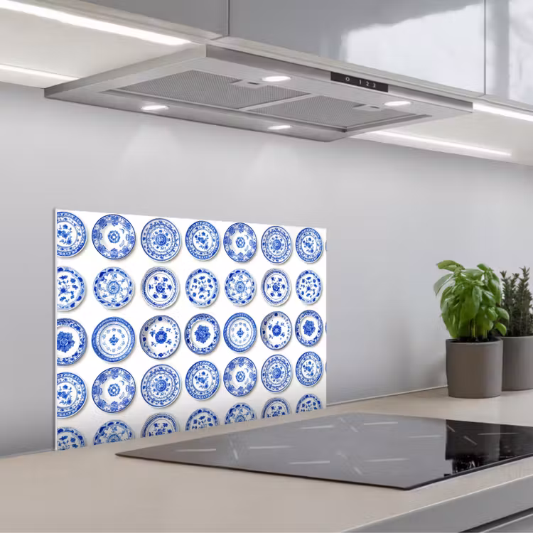 Borden - Bloemen - Patroon - Blauw keuken achterwand spatscherm klein 900 -3d_schuin