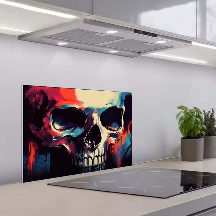 Schedel - Abstract - Rood - Blauw - Graffiti keuken achterwand spatscherm klein -3d_schuin