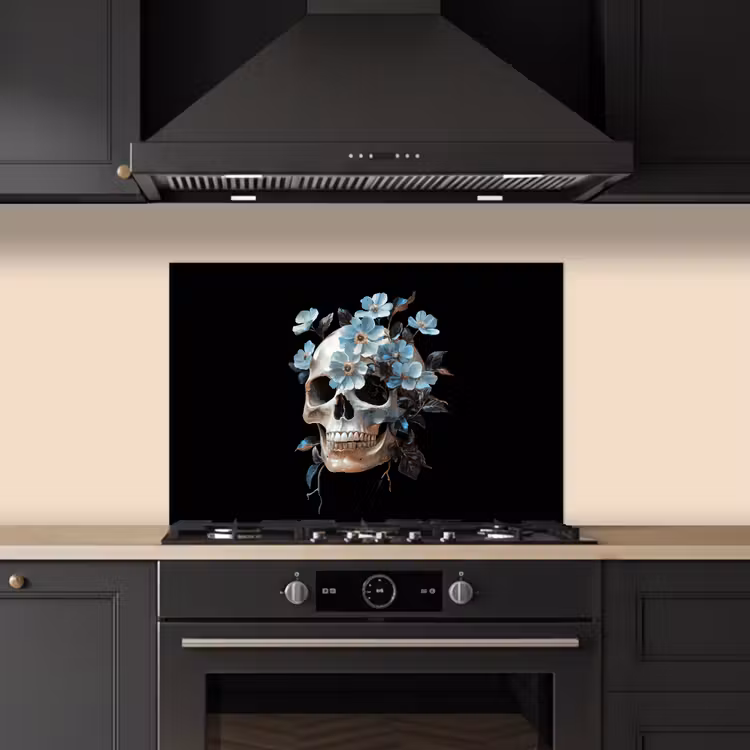 Schedel - Blauw - Bloemen - Bladeren keuken achterwand spatscherm klein -sfeer1