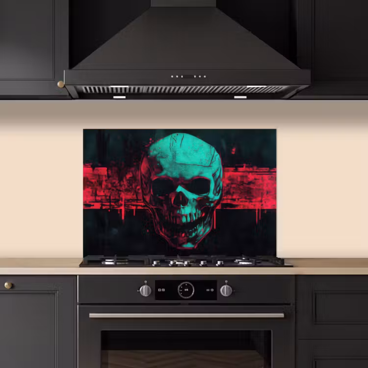 Schedel - Cyberpunk - Neon Rood keuken achterwand spatscherm klein -sfeer1