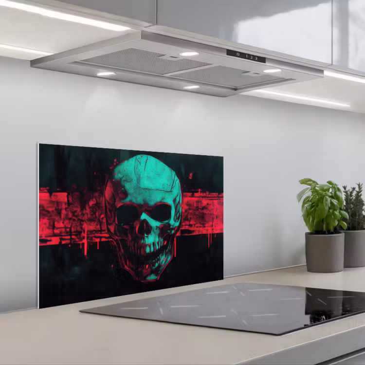Schedel - Cyberpunk - Neon Rood keuken achterwand spatscherm klein -3d_schuin