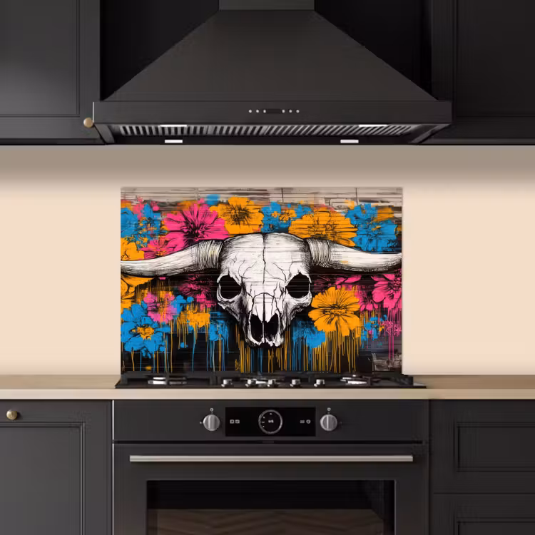 Schedel - Bloemen - Graffiti keuken achterwand spatscherm klein -sfeer1