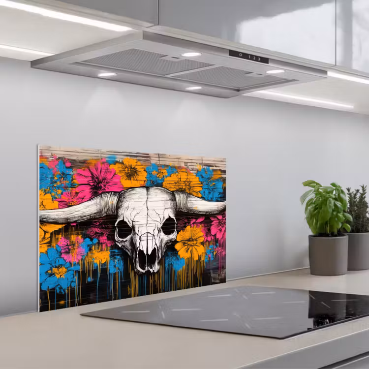 Schedel - Bloemen - Graffiti keuken achterwand spatscherm klein -3d_schuin