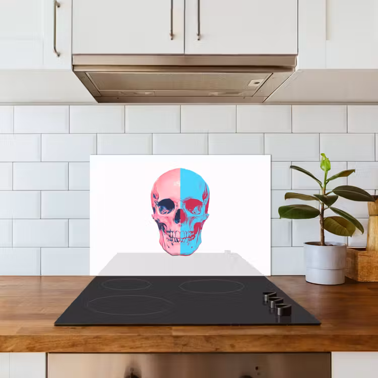 Schedel - Grafisch - Roze - Verdeeld keuken achterwand spatscherm klein -sfeer2