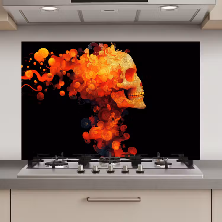 Schedel - Oranje - Zijaanzicht - Vlammen keuken achterwand spatscherm klein -3d_website