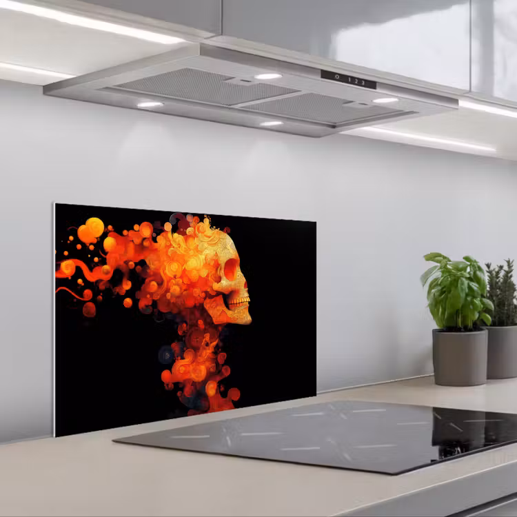 Schedel - Oranje - Zijaanzicht - Vlammen keuken achterwand spatscherm klein -3d_schuin