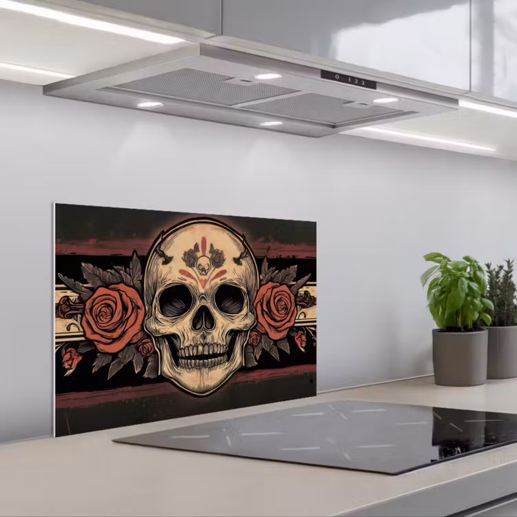 Schedel - Rozen - Gotisch keuken achterwand spatscherm klein -3d_schuin