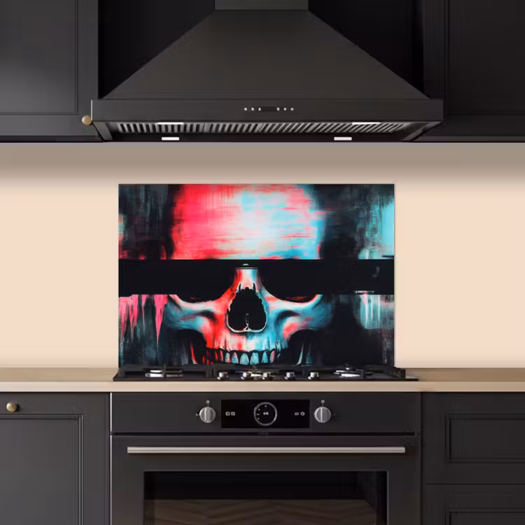 Schedels - Glitch - Cyberpunk keuken achterwand spatscherm klein -sfeer1