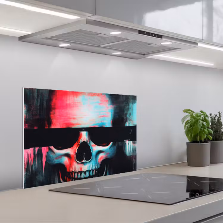 Schedels - Glitch - Cyberpunk keuken achterwand spatscherm klein -3d_schuin
