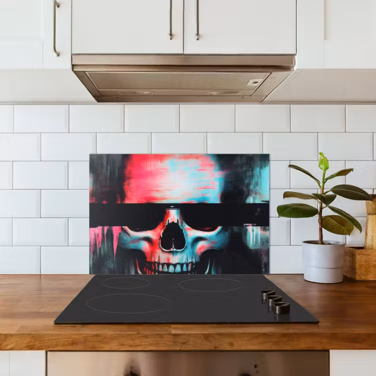 Schedels - Glitch - Cyberpunk keuken achterwand spatscherm klein -sfeer2