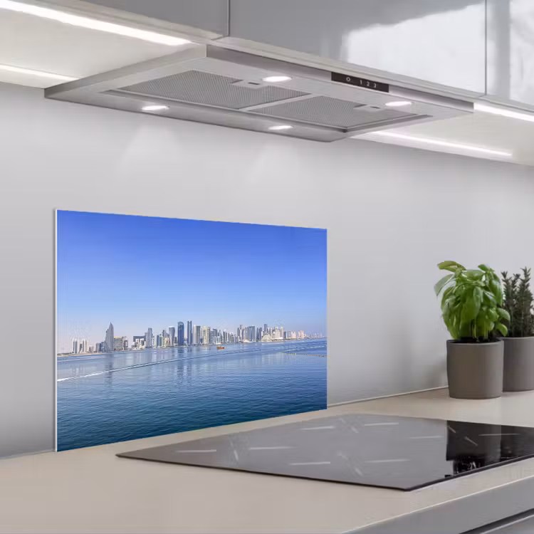 Skyline - Blauw - Zee - Gebouwen - Stad keuken achterwand spatscherm klein -3d_schuin