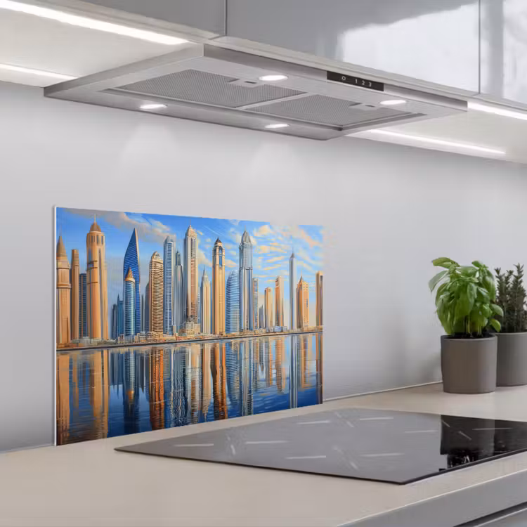 Skyline - Wolkenkrabbers - Water - Blauw keuken achterwand spatscherm klein -3d_schuin