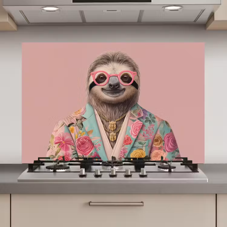 Luiaard - Bloemenprint - Bril - Roze keuken achterwand spatscherm klein -3d_website