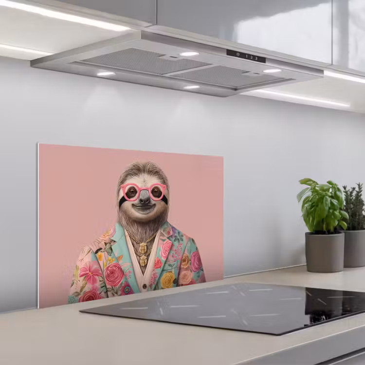 Luiaard - Bloemenprint - Bril - Roze keuken achterwand spatscherm klein -3d_schuin