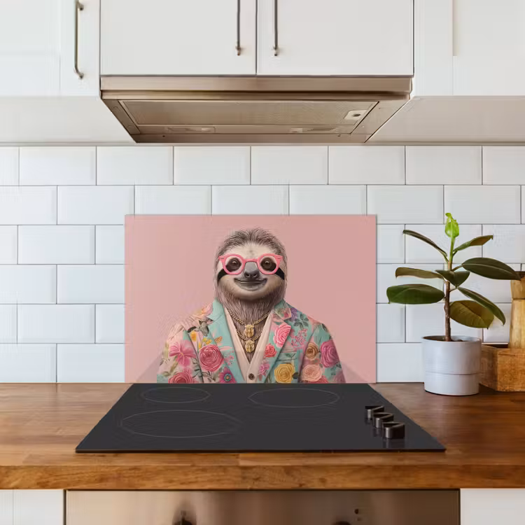 Luiaard - Bloemenprint - Bril - Roze keuken achterwand spatscherm klein -sfeer2