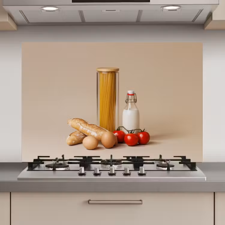 Spaghetti - Melk - Tomaten - Eieren - Brood keuken achterwand spatscherm klein -3d_website