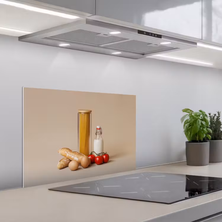 Spaghetti - Melk - Tomaten - Eieren - Brood keuken achterwand spatscherm klein -3d_schuin