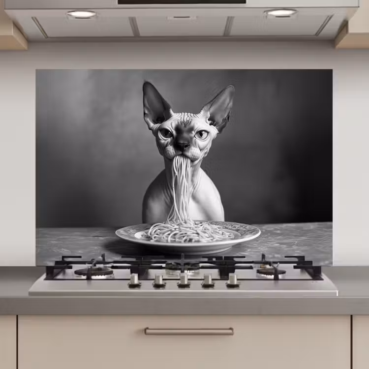 Sphynx - Kat - Dieren - Humor - Spaghetti - Zwart Wit keuken achterwand spatscherm klein -3d_website