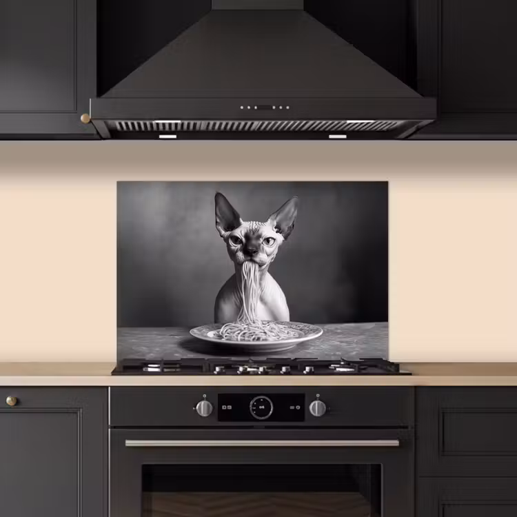 Sphynx - Kat - Dieren - Humor - Spaghetti - Zwart Wit keuken achterwand spatscherm klein -sfeer1