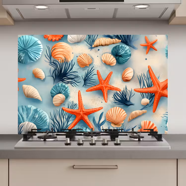 Zeesterren - Schelpen - Illustratie - Zand keuken achterwand spatscherm klein -3d_website