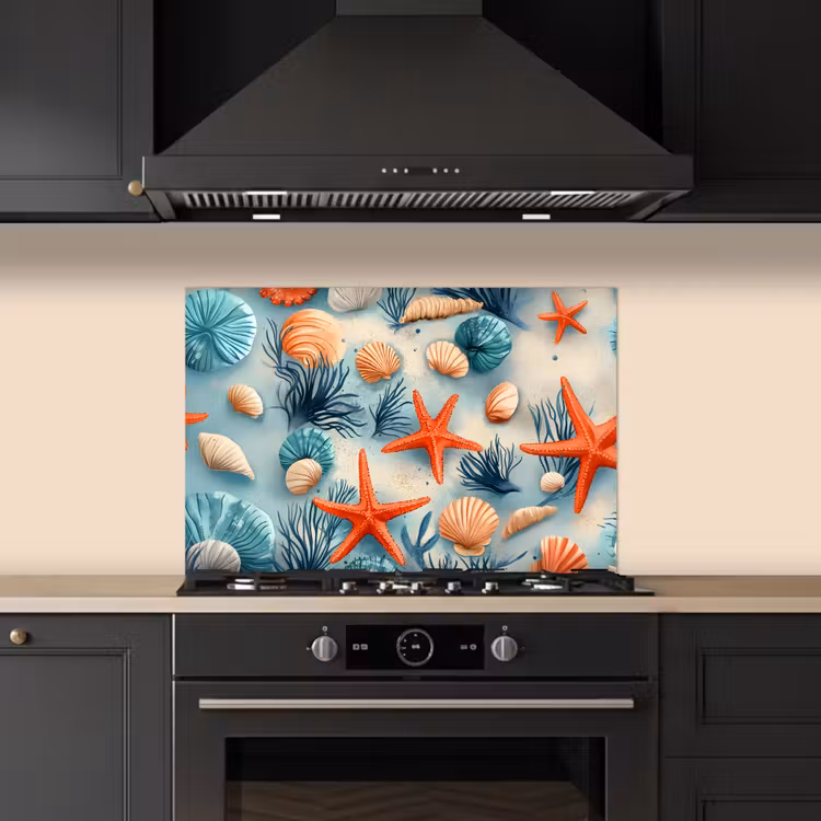 Zeesterren - Schelpen - Illustratie - Zand keuken achterwand spatscherm klein -sfeer1