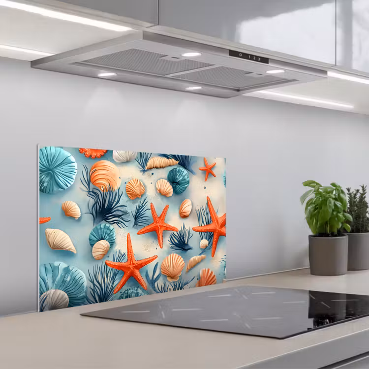 Zeesterren - Schelpen - Illustratie - Zand keuken achterwand spatscherm klein -3d_schuin