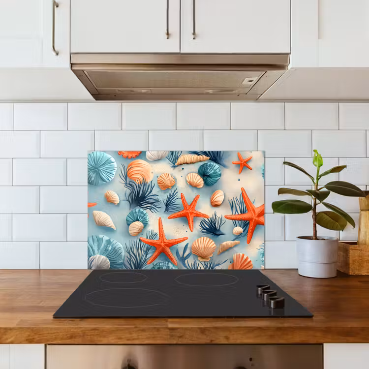 Zeesterren - Schelpen - Illustratie - Zand keuken achterwand spatscherm klein -sfeer2