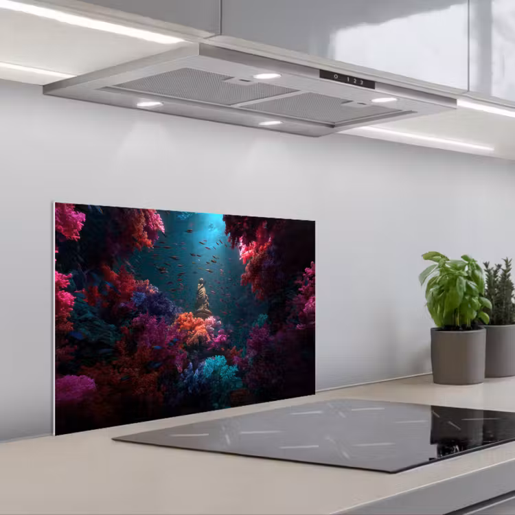 Standbeeld - Zeebodem - Koraal - Kleurrijk keuken achterwand spatscherm klein -3d_schuin