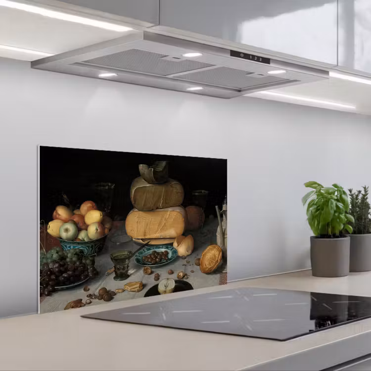 Stilleven met kazen - Schilderij van Floris Claesz. van Dijck keuken achterwand spatscherm klein -3d_schuin