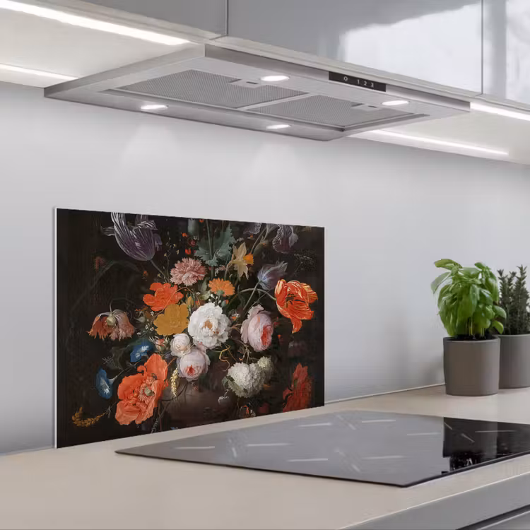 Stilleven met bloemen en een horloge - Schilderij van Abraham Mignon keuken achterwand spatscherm klein -3d_schuin