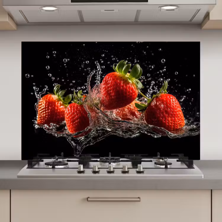 Aardbeien - Fruit - Rood - Water - Zwart keuken achterwand spatscherm klein -3d_website