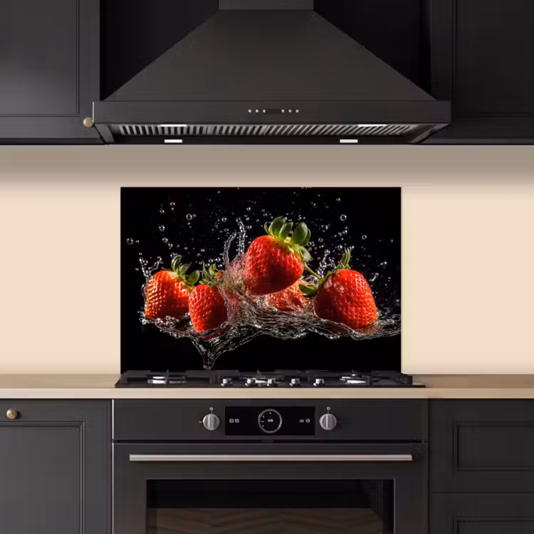 Aardbeien - Fruit - Rood - Water - Zwart keuken achterwand spatscherm klein -sfeer1