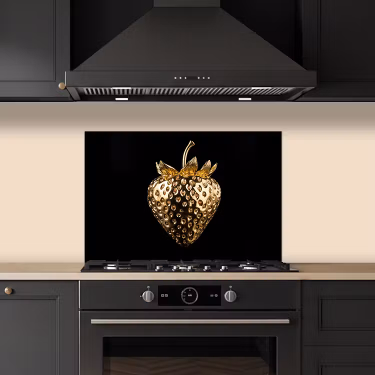 Aardbei - Goud - Zwart - Chrome keuken achterwand spatscherm klein -sfeer1