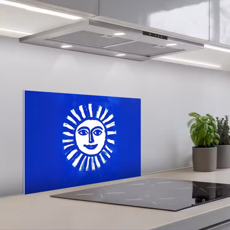 Zon - Gezicht - Penseelstructuur - Blauw keuken achterwand spatscherm klein -3d_schuin