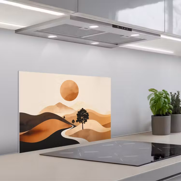 Zon - Heuvels - Boom - Abstract keuken achterwand spatscherm klein -3d_schuin