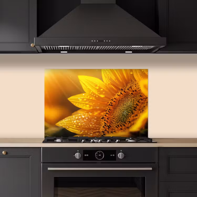 Zonnebloem - Dauwdruppels - Geel - Zonlicht keuken achterwand spatscherm klein -sfeer1