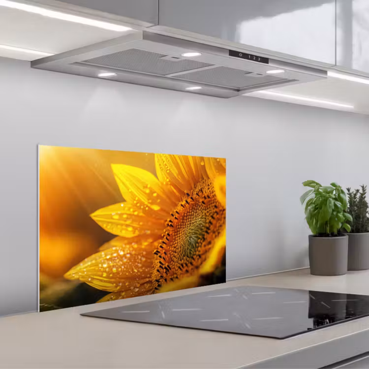 Zonnebloem - Dauwdruppels - Geel - Zonlicht keuken achterwand spatscherm klein -3d_schuin