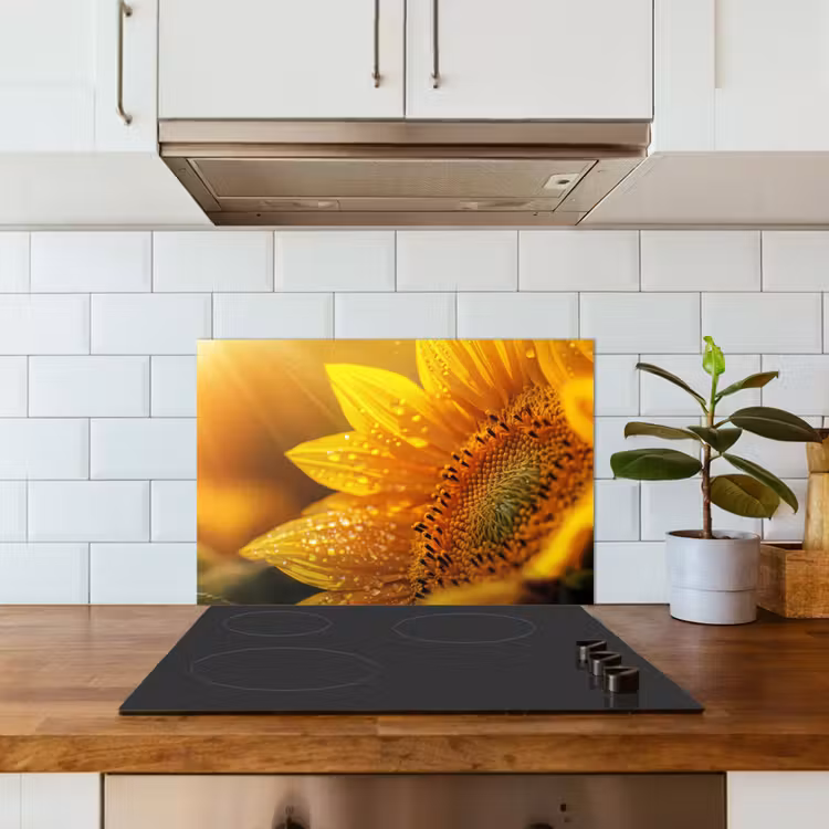 Zonnebloem - Dauwdruppels - Geel - Zonlicht keuken achterwand spatscherm klein -sfeer2