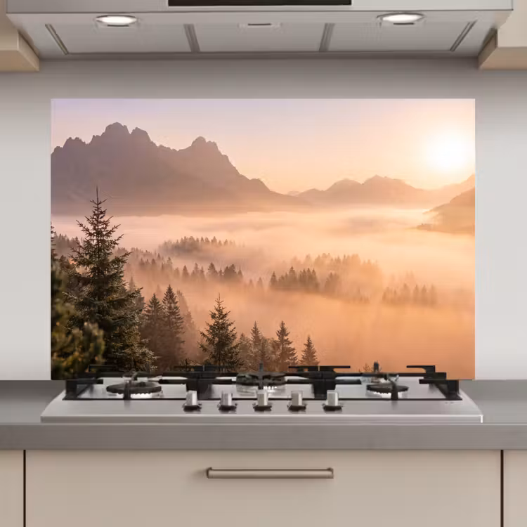 Zonlicht - Mist - Bergen - Bomen keuken achterwand spatscherm klein -3d_website